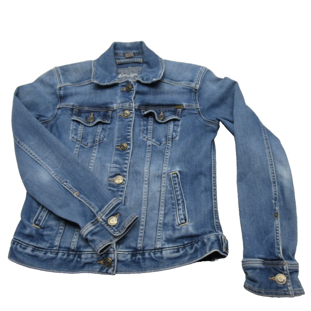 Eddie Bauer Jacket Womens Small Blue Denim Pockets Waist Tab Button Front Rugged